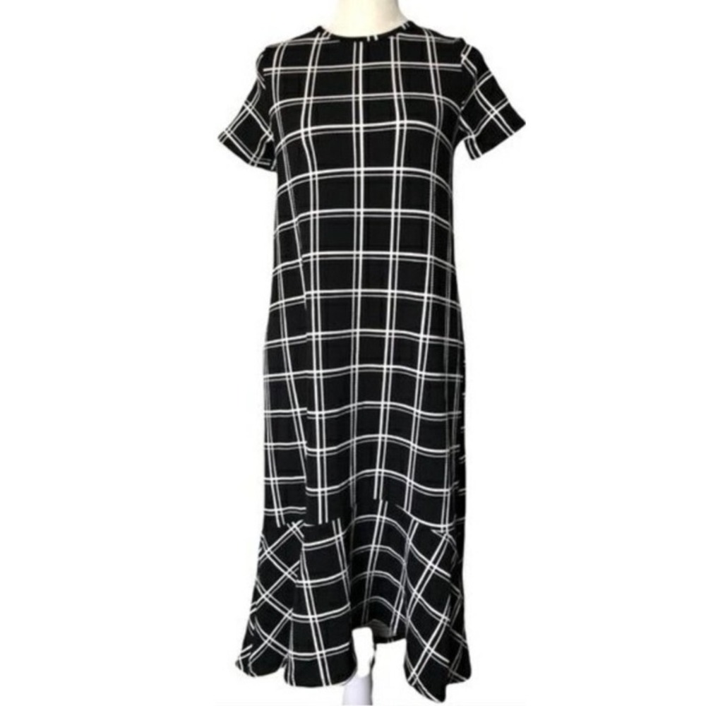 Agnes & Dora Fitzgerald Black White Plaid Midi Dress Size M Short Sleeve NWT‎